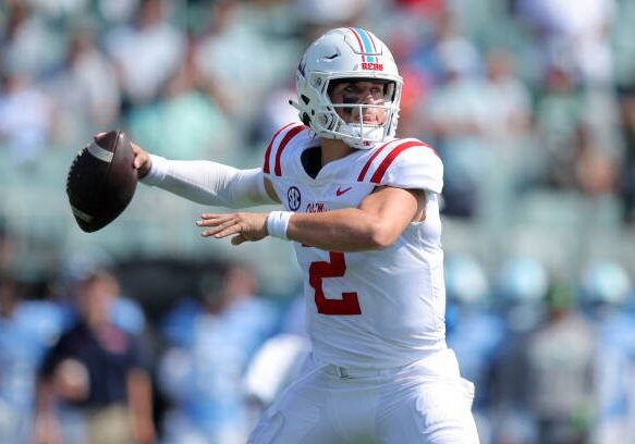 NEW ORLEANS, LOUISIANA - SEPTEMBER 09: Jaxson Dart #2 of the Mississippi Rebels throws the ball against the Tulane Green Wave during a game at Yulman Stadium on September 09, 2023 in New Orleans, Louisiana. (Photo by Jonathan Bachman/Getty Images)