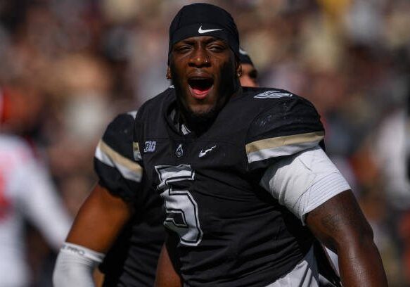 WEST LAFAYETTE, IN - SEPTEMBER 30: Purdue Boilermakers outside linebacker Nic Scourton (5) warms up on the field before the college football game between the Purdue Boilermakers and Illinois Fighting Illini on September 29, 2023, at Ross-Ade Stadium in West Lafayette, IN. (Photo by Zach Bolinger/Icon Sportswire via Getty Images)