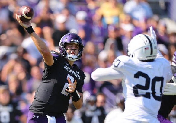 EVANSTON, ILLINOIS - SEPTEMBER 30: Ben Bryant #2 of the Northwestern Wildcats throws a pass against the Penn State Nittany Lions during the second half at Ryan Field on September 30, 2023 in Evanston, Illinois. (Photo by Michael Reaves/Getty Images)