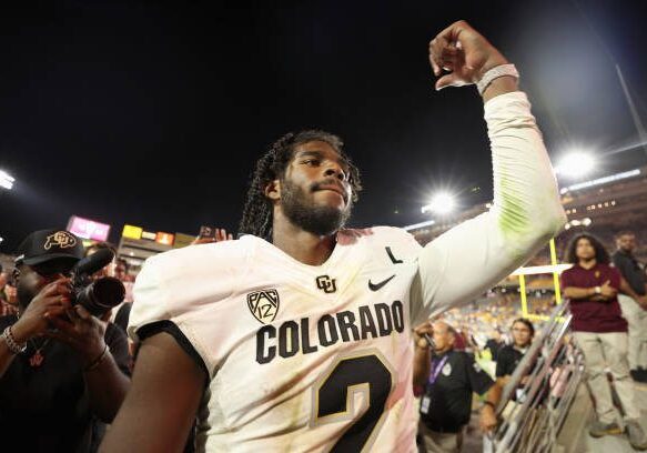 TEMPE, ARIZONA - OCTOBER 07: Quarterback Shedeur Sanders #2 of the Colorado Buffaloes celebrates as he walks off the field following the NCAAF game against the Arizona State Sun Devils at Mountain America Stadium on October 07, 2023 in Tempe, Arizona. The Buffaloes defeated the Sun Devils 27-24.  (Photo by Christian Petersen/Getty Images)
