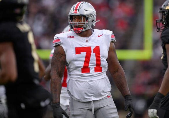 WEST LAFAYETTE, IN - OCTOBER 14: Ohio State Buckeyes offensive lineman Josh Simmons (71) lines up before the snap during the college football game between the Purdue Boilermakers and Ohio State Buckeyes on October 14, 2023, at Ross-Ade Stadium in West Lafayette, IN. (Photo by Zach Bolinger/Icon Sportswire via Getty Images)