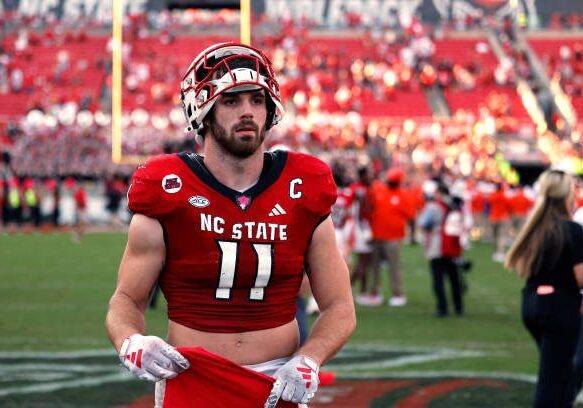 RALEIGH, NORTH CAROLINA - OCTOBER 28: Payton Wilson #11 of the NC State Wolfpack looks on following the game against the Clemson Tigers at Carter-Finley Stadium on October 28, 2023 in Raleigh, North Carolina. NC State won 24-17. (Photo by Lance King/Getty Images)