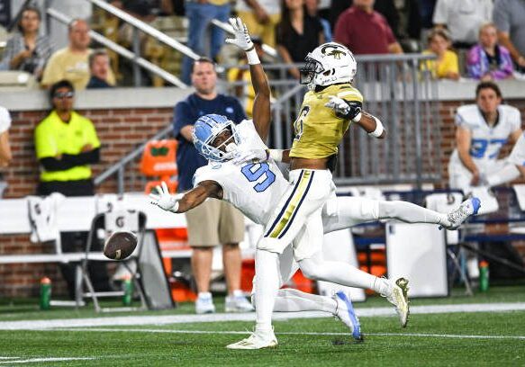 ATLANTA, GA  OCTOBER 28:  North Carolina wide receiver Devontez Walker (9) attempts to catch a pass during the college football game between the North Carolina Tar Heels and the Georgia Tech Yellow Jackets on October 28th, 2023 at Bobby Dodd Stadium in Atlanta, GA.  (Photo by Rich von Biberstein/Icon Sportswire via Getty Images)