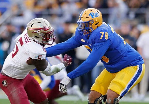 PITTSBURGH, PA - NOVEMBER 04: Pittsburgh Panthers offensive lineman Branson Taylor (78) blocks against Florida State Seminoles defensive lineman Jared Verse (5) during a college football game on November 04, 2023 at Acrisure Stadium in Pittsburgh, Pennsylvania. (Photo by Joe Robbins/Icon Sportswire via Getty Images)