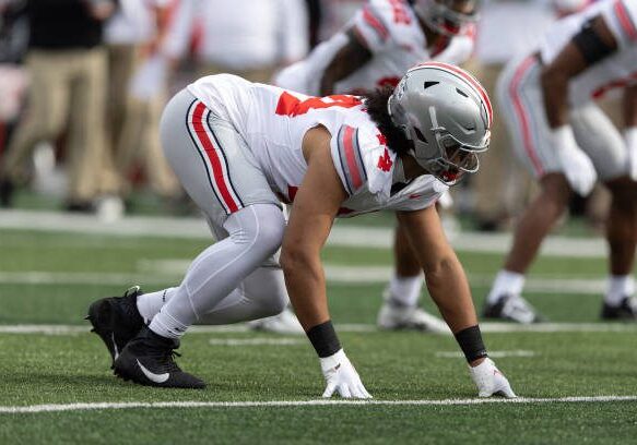 PISCATAWAY, NJ - NOVEMBER 04:  JT Tuimoloau #44 of the Ohio State Buckeyes during the game against the Rutgers Scarlet Knights on November 4, 2023 at SHI Stadium in Piscataway, New Jersey.  (Photo by Rich Graessle/Icon Sportswire via Getty Images)