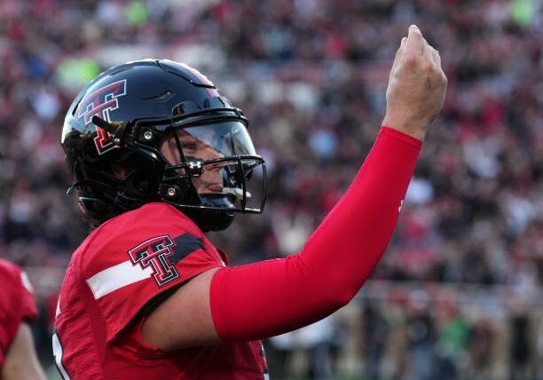 LUBBOCK, TEXAS - NOVEMBER 02: Behren Morton #2 of the Texas Tech Red Raiders celebrates after a touchdown during the first quarter against the TCU Horned Frogs at Jones AT&amp;T Stadium on November 02, 2023 in Lubbock, Texas. (Photo by Josh Hedges/Getty Images)