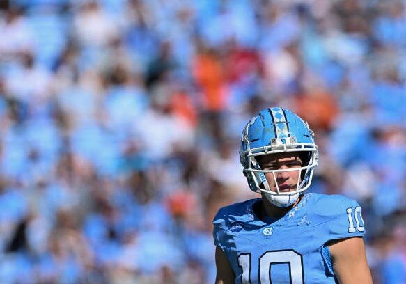 CHAPEL HILL, NORTH CAROLINA - NOVEMBER 04: Drake Maye #10 of the North Carolina Tar Heels looks on during the game against the Campbell Fighting Camels at Kenan Memorial Stadium on November 04, 2023 in Chapel Hill, North Carolina. The Tar Heels won 59-7. (Photo by Grant Halverson/Getty Images)