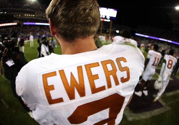 FORT WORTH, TX - NOVEMBER 11: Quinn Ewers #3 of the Texas Longhorns walks off the field following the teams win over the TCU Horned Frogs at Amon G. Carter Stadium on November 11, 2023 in Fort Worth, Texas. (Photo by Ron Jenkins/Getty Images)
