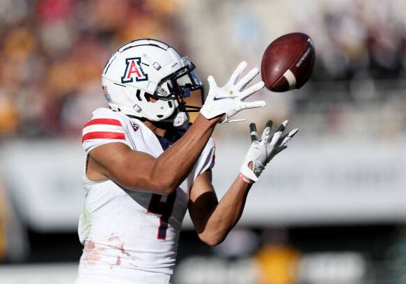 TEMPE, AZ - NOVEMBER 25: Arizona Wildcats wide receiver Tetairoa McMillan #4 catches a pass during the first half of a football game between the ASU Sun Devils and the University of Arizona Wildcats on November 25, 2023 at Mountain America Stadium in Tempe, AZ. (Photo by Christopher Hook/Icon Sportswire via Getty Images)