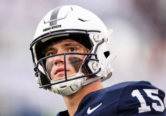 STATE COLLEGE, PA - NOVEMBER 11: Drew Allar #15 of the Penn State Nittany Lions looks on during the first half against the Michigan Wolverines at Beaver Stadium on November 11, 2023 in State College, Pennsylvania. (Photo by Scott Taetsch/Getty Images)