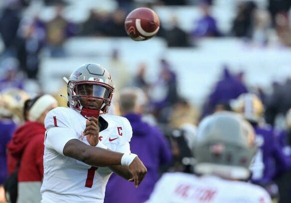 SEATTLE, WA - NOVEMBER 25:  Washington State #1 (QB) Cameron Ward during the 115th Apple Cup college football game between the Washington Huskies versus the Washington State Cougars on November 25, 2023, at Husky Stadium in Seattle, WA. (Photo by Jesse Beals/Icon Sportswire via Getty Images)