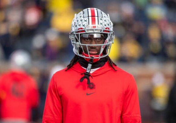 ANN ARBOR, MICHIGAN - NOVEMBER 25: Marvin Harrison Jr. #18 of the Ohio State Buckeyes is seen during warmups before a college football game against the Michigan Wolverines at Michigan Stadium on November 25, 2023 in Ann Arbor, Michigan. (Photo by Aaron J. Thornton/Getty Images)