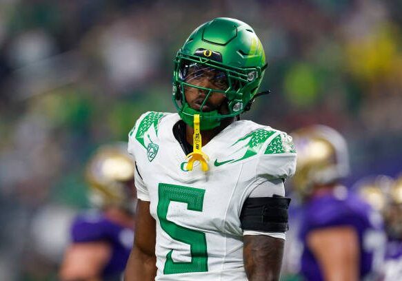 LAS VEGAS, NEVADA - DECEMBER 1: Khyree Jackson #5 of the Oregon Ducks looks to the sideline during the Pac-12 Championship game against the Washington Huskies at Allegiant Stadium on December 1, 2023 in Las Vegas, Nevada. (Photo by Brandon Sloter/Image Of Sport/Getty Images)