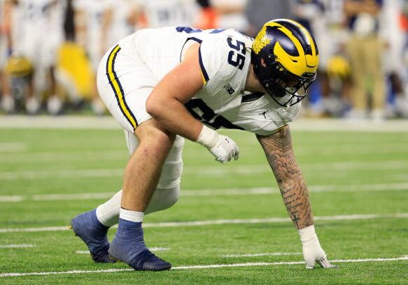 INDIANAPOLIS, INDIANA - DECEMBER 02: Mason Graham #55 of the Michigan Wolverines lines up in the game against the Iowa Hawkeyes during the Big Ten Championship at Lucas Oil Stadium on December 02, 2023 in Indianapolis, Indiana. (Photo by Justin Casterline/Getty Images)