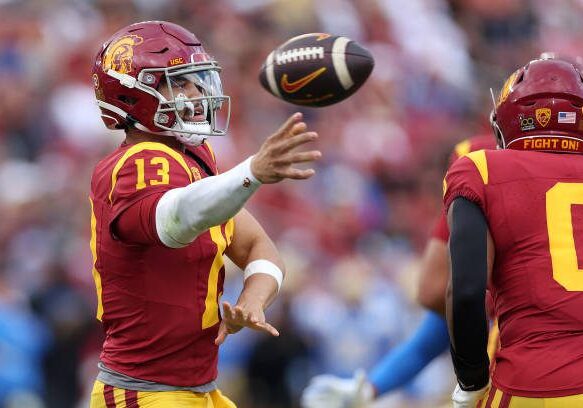 LOS ANGELES, CALIFORNIA - NOVEMBER 18: Caleb Williams #13 of the USC Trojans passes the ball during the first half of a game against the UCLA Bruins at United Airlines Field at the Los Angeles Memorial Coliseum on November 18, 2023 in Los Angeles, California. (Photo by Sean M. Haffey/Getty Images)