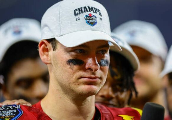 SAN DIEGO, CA - DECEMBER 27: USC Trojans quarterback Miller Moss (7) was elected offensive player of the game after the Directv Holiday Bowl football game between the Louisville Cardinals and the USC Trojans on December 27, 2023, at Petco Park in San Diego, CA. (Photo by Jordon Kelly/Icon Sportswire via Getty Images)