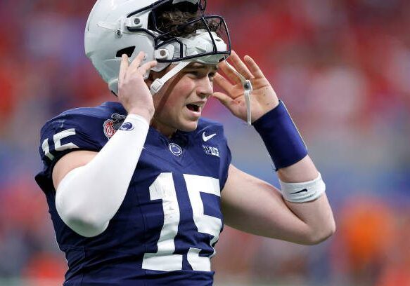 ATLANTA, GEORGIA - DECEMBER 30: Drew Allar #15 of the Penn State Nittany Lions reacts against the Mississippi Rebels during the second quarter in the Chick-fil-A Peach Bowl at Mercedes-Benz Stadium on December 30, 2023 in Atlanta, Georgia. (Photo by Todd Kirkland/Getty Images)