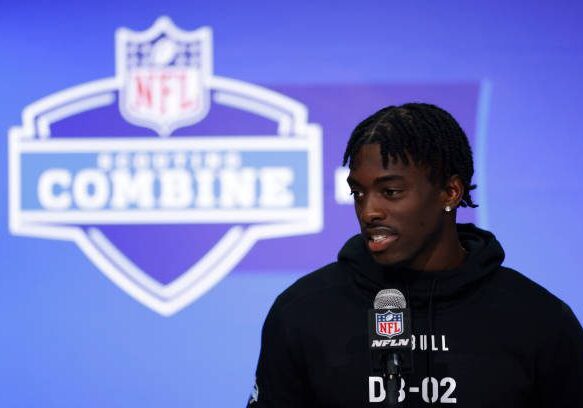 INDIANAPOLIS, INDIANA - FEBRUARY 29: Terrion Arnold #DB02 of the Alabama Crimson Tide speaks to the media during the 2024 NFL Combine at the Indiana Convention Center on February 29, 2024 in Indianapolis, Indiana. (Photo by Justin Casterline/Getty Images)