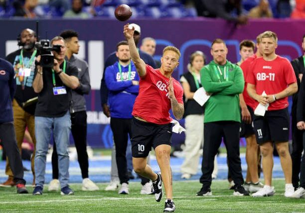INDIANAPOLIS, INDIANA - MARCH 02: Spencer Rattler #QB10 of South Carolina participates in a drill during the NFL Combine at Lucas Oil Stadium on March 02, 2024 in Indianapolis, Indiana. (Photo by Stacy Revere/Getty Images)
