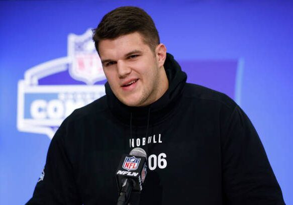 INDIANAPOLIS, INDIANA - MARCH 02: Graham Barton #OL06 of the Duke speaks to the media during the 2024 NFL Combine at the Indiana Convention Center on March 02, 2024 in Indianapolis, Indiana. (Photo by Justin Casterline/Getty Images)