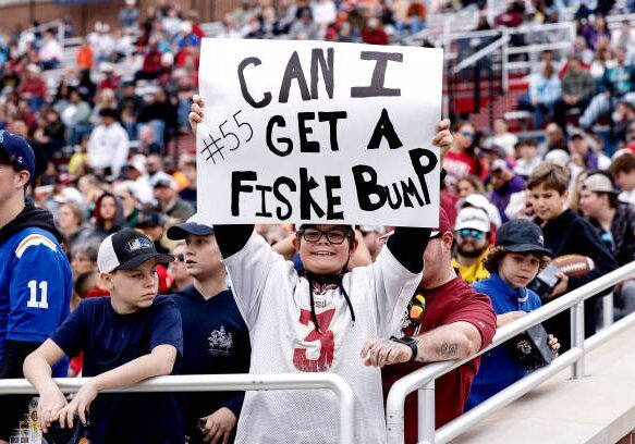 MOBILE, AL - FEBRUARY 03: A fan of Defensive Lineman Braden Fiske #94 of Florida State from the National Team displays a sign during the 2024 Reese's Senior Bowl at Hancock Whitney Stadium on the campus of the University of South Alabama on February 3, 2024 in Mobile, Alabama. he National Team defeated the American Team 16 to 7. (Photo by Don Juan Moore/Getty Images)