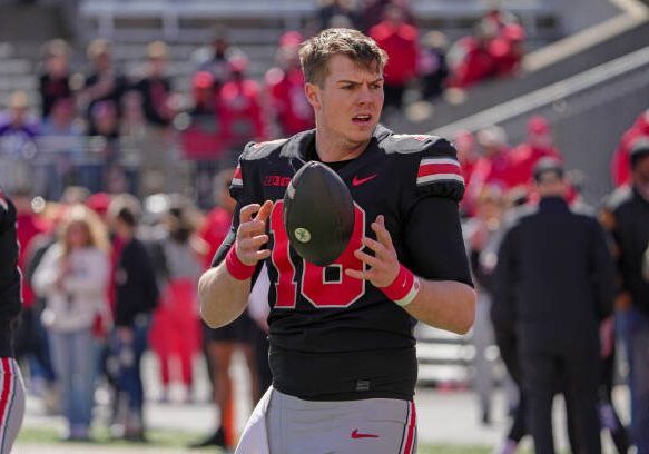 COLUMBUS, OH - APRIL 13: Ohio State Buckeyes quarterback Will Howard (18) warms up before the Ohio State Spring Game at Ohio Stadium in Columbus, Ohio on April 13, 2024. (Photo by Jason Mowry/Icon Sportswire via Getty Images)