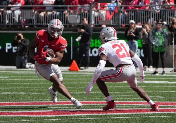 COLUMBUS, OH - APRIL 13:  Ohio State Buckeyes running back Quinshon Judkins (1) carries the ball  the Ohio State Spring Game at Ohio Stadium in Columbus, Ohio on April 13, 2024. (Photo by Jason Mowry/Icon Sportswire via Getty Images)