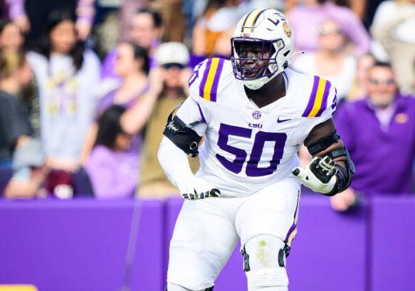 BATON ROUGE, LOUISIANA - NOVEMBER 25: Emery Jones Jr. #50 of the LSU Tigers against the Texas A&amp;M Aggies at Tiger Stadium in Baton Rouge, Louisiana on November 25, 2023. (Photo by Gus Stark/LSU/University Images via Getty Images)