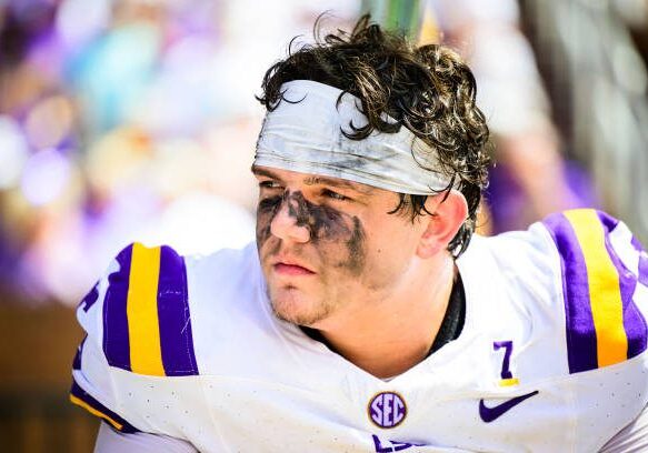 STARKVILLE, MISSISSIPPI - SEPTEMBER 16: Will Campbell #66 of the LSU Tigers against the Mississippi State Bulldogs at Davis Wade Stadium on September 16, 2023 in Starkville, Mississippi. (Photo by Gus Stark/LSU/University Images via Getty Images)