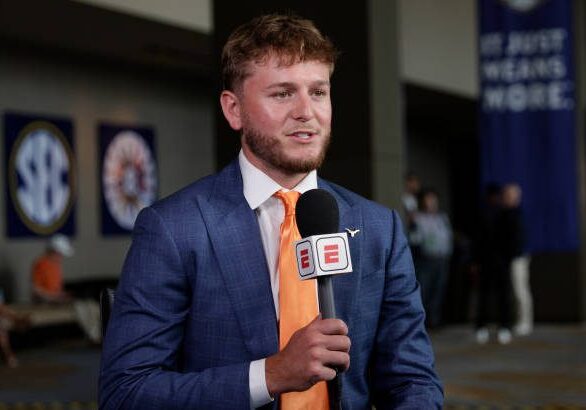 DALLAS, TEXAS - JULY 17: Quinn Ewers of The University of Texas speaks during SEC Football Media Days at Omni Dallas Hotel on July 17, 2024 in Dallas, Texas.  (Photo by Tim Warner/Getty Images)