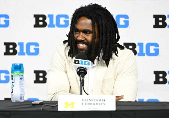 INDIANAPOLIS, IN - JULY 25: Michigan Wolverines RB Donovan Edwards speaks during the 2024 Big Ten Media Days on July 25, 2024 at Lucas Oil Stadium in Indianapolis, IN. (Photo by James Black/Icon Sportswire via Getty Images)