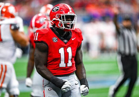 ATLANTA, GA  AUGUST 31:  Georgia linebacker Jalon Walker (11) reacts during the Aflac Kickoff Game between the Clemson Tigers and the Georgia Bulldogs on August 31st, 2024 at Mercedes-Benz Stadium in Atlanta, GA.  (Photo by Rich von Biberstein/Icon Sportswire via Getty Images)