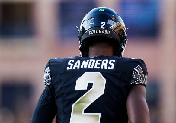 BOULDER, COLORADO - AUGUST 29: Shedeur Sanders #2 of the Colorado Buffaloes back of jersey during a game against North Dakota State Bison at Folsom Field on August 29, 2024 in Boulder, Colorado. (Photo by Ric Tapia/Getty Images)