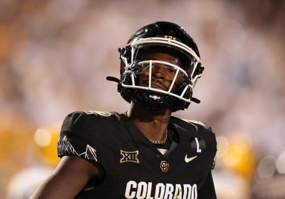 BOULDER, COLORADO - AUGUST 29: Shedeur Sanders #2 of the Colorado Buffaloes celebrates after throwing his 100th career touchdown during the third quarter against the North Dakota State Bison at Folsom Field on August 29, 2024 in Boulder, Colorado. (Photo by Andrew Wevers/Getty Images)