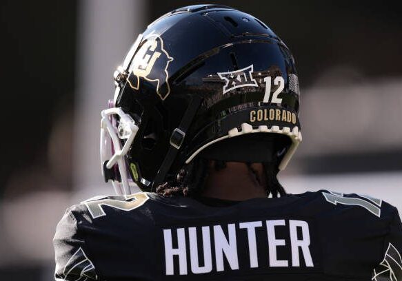 BOULDER, COLORADO - AUGUST 29: A detailed view of the Big 12 Conference logo on the helmet worn by Travis Hunter #12 of the Colorado Buffaloes prior to the game against the North Dakota State Bison at Folsom Field on August 29, 2024 in Boulder, Colorado. (Photo by Andrew Wevers/Getty Images)