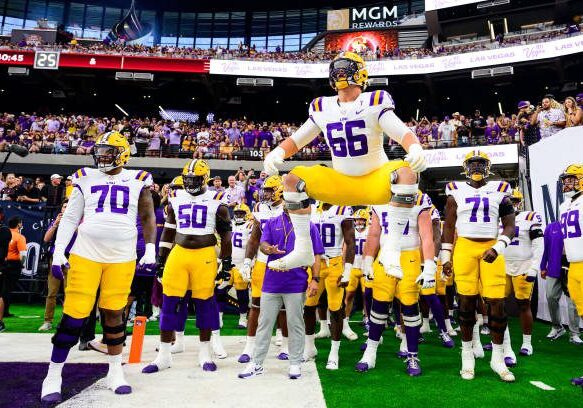 LAS VEGAS, NEVADA - SEPTEMBER 1: Will Campbell #66 of the LSU Tigers warms up before kickoff against the USC Trojans in the Vegas Kickoff Classic at Allegiant Stadium on September 1, 2024 in Las Vegas, Nevada. (Photo by Gus Stark/LSU/Getty Images)