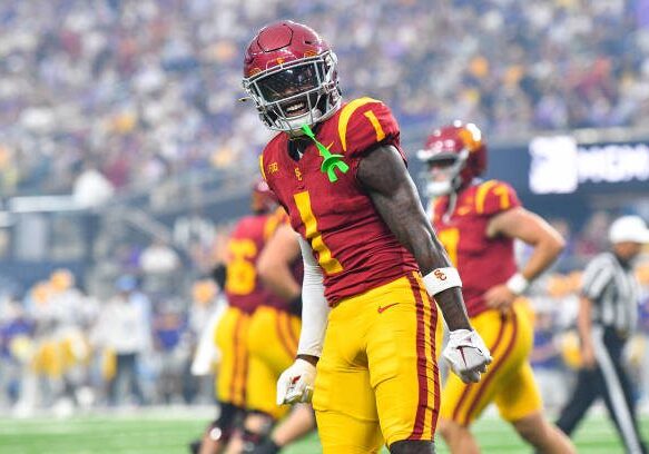 LAS VEGAS, NV - SEPTEMBER 01: USC Trojans wide receiver Zachariah Branch (1) celebrates during the Modelo Vegas Kickoff Classic game between the LSU Tigers and the USC Trojans on September 1, 2024 at Allegiant Stadium in Las Vegas, Nevada. (Photo by Brian Rothmuller/Icon Sportswire via Getty Images)