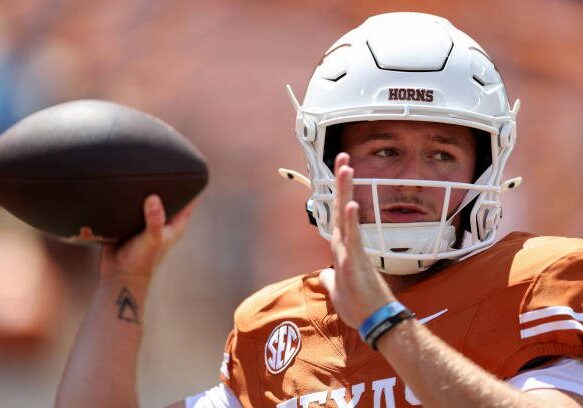 AUSTIN, TEXAS - AUGUST 31: Quinn Ewers #3 of the Texas Longhorns warms up before the game against the Colorado State Rams at Darrell K Royal-Texas Memorial Stadium on August 31, 2024 in Austin, Texas. (Photo by Tim Warner/Getty Images)