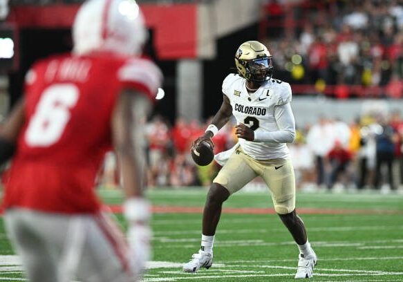 LINCOLN, NEBRASKA - SEPTEMBER 07: Shedeur Sanders #2 of the Colorado Buffaloes looks downfield to throw against the Nebraska Cornhuskers during the second quarter at Memorial Stadium on September 7, 2024 in Lincoln, Nebraska. (Photo by Steven Branscombe/Getty Images)