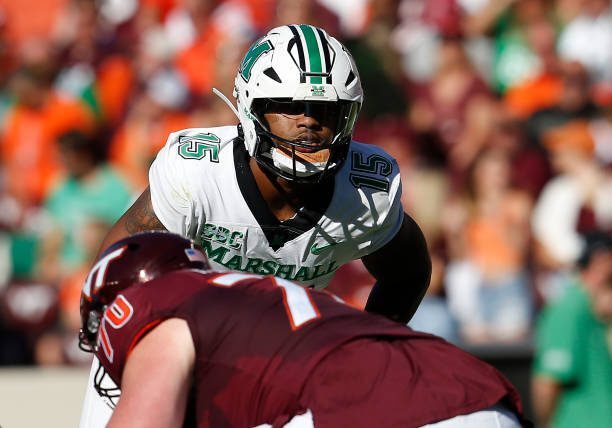 BLACKSBURG, VA - SEPTEMBER 07: Marshall Thundering Herd defensive lineman Mike Green (15) peeks into the backfield during a college football game between the Marshall Thundering Herd and the Virginia Tech Hokies on September 7, 2024, at Lane Stadium in Blacksburg, VA. (Photo by Lee Coleman/Icon Sportswire via Getty Images)