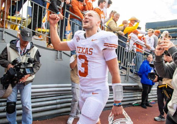 ANN ARBOR, MICHIGAN - SEPTEMBER 07: Quinn Ewers #3 of the Texas Longhorns walks off the field after winning a college football game against the Michigan Wolverines at Michigan Stadium on September 07, 2024 in Ann Arbor, Michigan. The Texas Longhorns won the game 31-12. (Photo by Aaron J. Thornton/Getty Images)