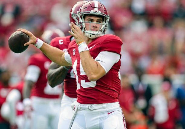 gettyimages-2170873555-612x612 TUSCALOOSA, ALABAMA - SEPTEMBER 7: Ty Simpson #15 of the Alabama Crimson Tide warms up prior to kickoff against the South Florida Bulls at Bryant-Denny Stadium on September 7, 2024 in Tuscaloosa, Alabama. (Photo by Brandon Sumrall/Getty Images)
