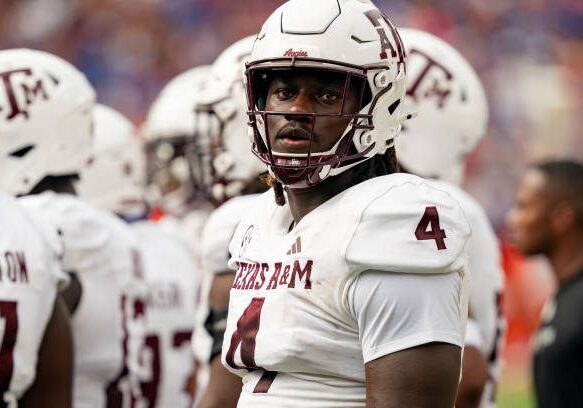 GAINESVILLE, FL - SEPTEMBER 14: Texas A&amp;M Aggies defensive lineman Shemar Stewart (4) rests during a timeout during a college football game between the Texas A&amp;M Aggies and the Florida Gators on September 14th, 2024 at Ben Hill Griffin Stadium in Gainesville, FL. (Photo by Chris Leduc/Icon Sportswire via Getty Images)