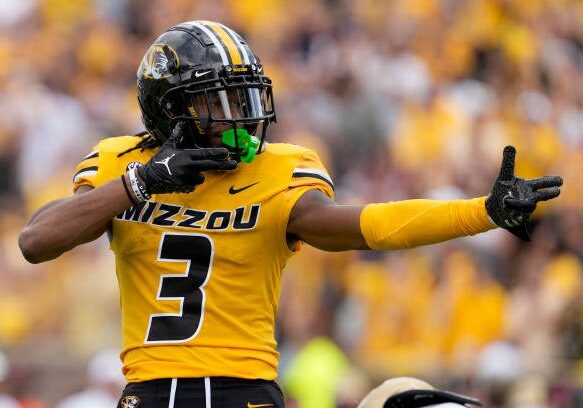 COLUMBIA, MISSOURI - SEPTEMBER 14: Wide receiver Luther Burden III #3 of the Missouri Tigers celebrates a run against the Boston College Eagles in the second half at Faurot Field/Memorial Stadium on September 14, 2024 in Columbia, Missouri. (Photo by Ed Zurga/Getty Images)