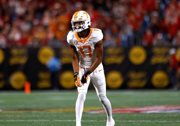CHARLOTTE, NORTH CAROLINA - SEPTEMBER 7: Chris Brazzell II #17 of the Tennessee Volunteers prepares for a play during the game against the NC State Wolfpack in the Duke's Mayo Classic at Bank of America Stadium on September 7, 2024 in Charlotte, North Carolina. (Photo by Lance King/Getty Images)