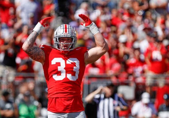 COLUMBUS, OH - SEPTEMBER 21: Ohio State Buckeyes defensive end Jack Sawyer (33) reacts during the game against Marshall Thundering Herd and the Ohio State Buckeyes on September 21, 2024, at Ohio Stadium in Columbus, OH. (Photo by Ian Johnson/Icon Sportswire via Getty Images)