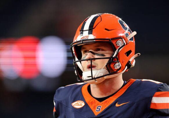 SYRACUSE, NEW YORK - SEPTEMBER 20: Kyle McCord #6 of the Syracuse Orange looks on prior to a game against the Stanford Cardinal at JMA Wireless Dome on September 20, 2024 in Syracuse, New York. (Photo by Bryan Bennett/Getty Images)