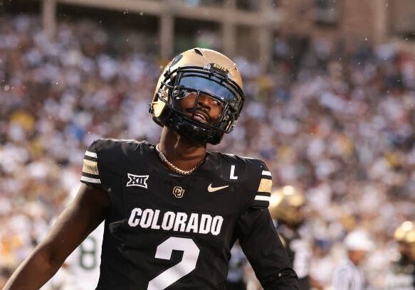 BOULDER, COLORADO - SEPTEMBER 21: Shedeur Sanders #2 of the Colorado Buffaloes reacts after scoring a touchdown during the first quarter against the Baylor Bears at Folsom Field on September 21, 2024 in Boulder, Colorado. (Photo by Andrew Wevers/Getty Images)