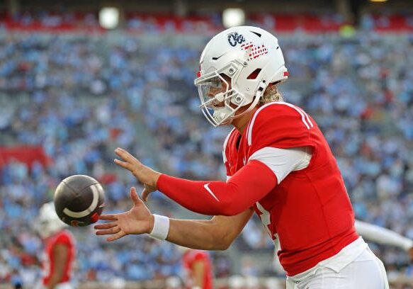 OXFORD, MISSISSIPPI - SEPTEMBER 21: Jaxson Dart #2 of the Mississippi Rebels warms up before the game against the Georgia Southern Eagles at Vaught-Hemingway Stadium on September 21, 2024 in Oxford, Mississippi. (Photo by Justin Ford/Getty Images)