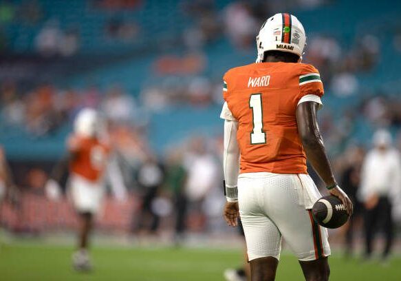 MIAMI GARDENS, FLORIDA - SEPTEMBER 27: Cam Ward #1 of the Miami Hurricanes warms up before the game against the Virginia Tech Hokies at Hard Rock Stadium on September 27, 2024 in Miami Gardens, Florida. (Photo by Michael Pimentel/ISI Photos/Getty Images)